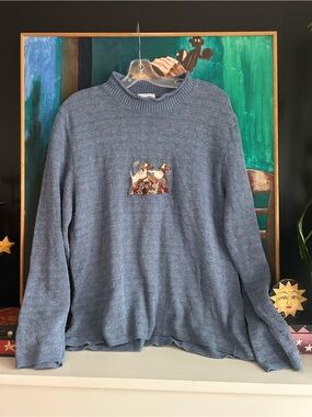 LMX Vintage Blue Dog Embroidered Knit Sweater Pullover XL